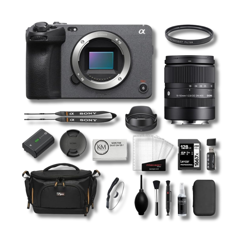 Sony FX30 Digital Cinema Camera Bundle with Sigma 18-50mm f/2.8 DC DN Contemporary Lens + UV Filter + 128GB Card + Cap Keeper + Memory Card Reader + Camera Bag + Cleaning Kit + Cloth (10 Items)