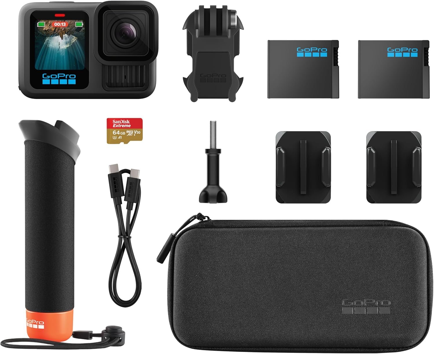 GoPro HERO13 Black Accessory Bundle - Includes The Handler, 2 Enduro Batteries, 2 Curved Adhesive Mounts, 64GB SanDisk MicroSD Card, and Carrying Case 4 GoPro HERO13 Black Accessory Bundle - صورة 4