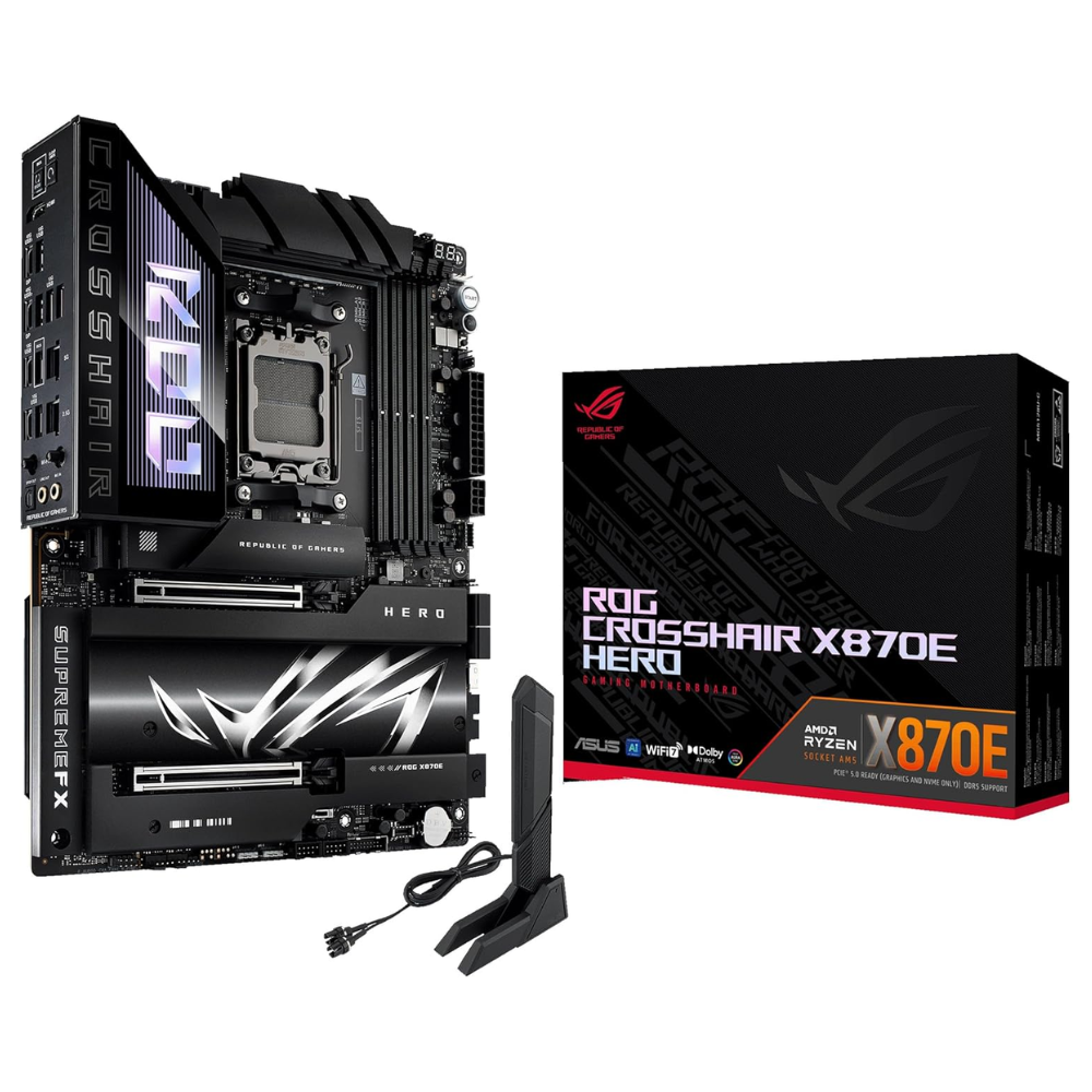 ASUS ROG Crosshair X870E Hero AMD X870E AM5 ATX Motherboard, Advanced AI PC Ready, 18+2+2 Power Stages, DDR5, PCIe® 5.0, 5X M.2, Wi-Fi 7, USB4®, AI Overclocking, Core Flex, PCIe Slot Q-Release Slim Gaming MotherBoard
