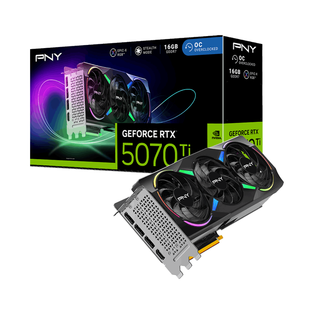PNY ARGB GeForce RTX5070 Ti ARGB EPIC-X RGB Overclocked Triple Fan, PCI Express 5.0 x16, DLSS 4.0, 16GB 256-Bit GDDR7 RTX 5070 T i Graphics Card