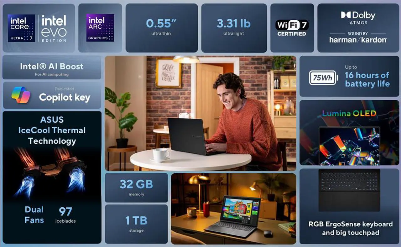 ASUS Vivobook S 16" 3K OLED Intel Core Ultra 7 255H - 32GB RAM - 1TB SSD Windows 11 Home - Image 2