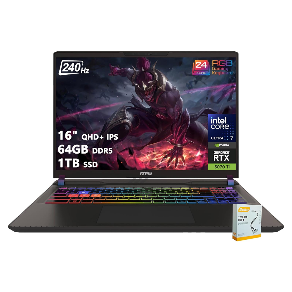 msi Vector 16 HX AI Gaming Laptop | 16″ QHD+ IPS 240Hz | Intel Core Ultra 7 255HX | 64GB DDR5 1TB SSD | GeForce RTX 5070 Ti (Up to 992 AI Tops) | RGB Backlit Thunderbolt 5 Win11 w/DLCA Accessory