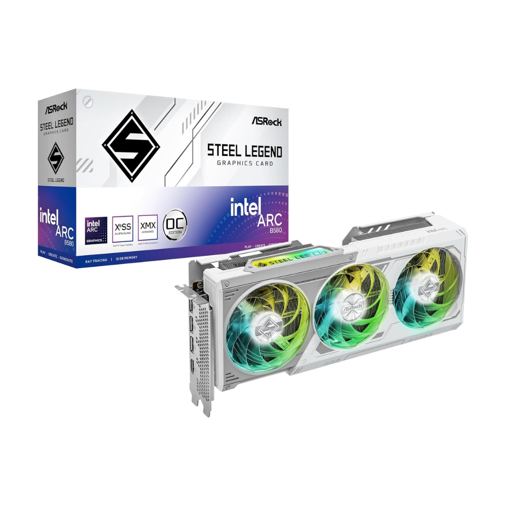 ASRock Intel Arc B580 Steel Legend 12GB OC Graphics Card, 2800 MHz GPU Clock, 12GB GDDR6, DisplayPort 2.1, HDMI 2.1a, Triple Fan Cooling, Polychrome SYNC