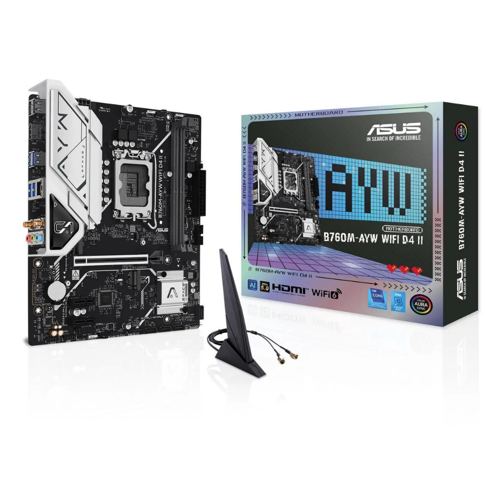 ASUS B760M-AYW WIFI D4 II Intel B760 (LGA 1700) microATX mATX motherboard, PCIe 5.0 x16 Support, two M.2 slots, DDR4, Realtek 2.5Gb Ethernet, Wi-Fi 6, HDMI, SATA 6 Gbps, front USB 5Gbps, Aura Sync