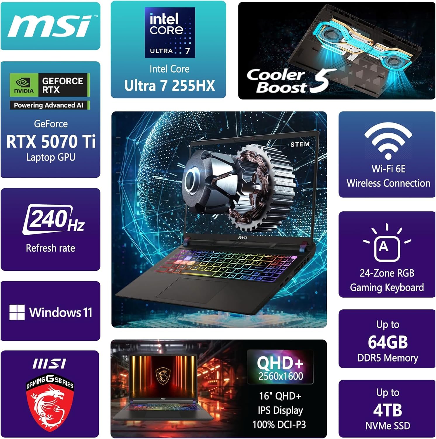 msi Vector 16 HX AI Gaming Laptop | 16" QHD+ IPS 240Hz | Intel Core Ultra 7 255HX | 64GB DDR5 1TB SSD | GeForce RTX 5070 Ti - Image 2