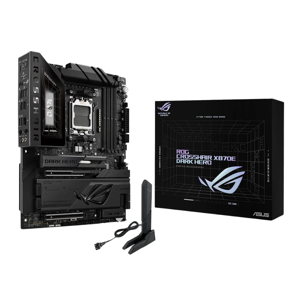 ASUS ROG Crosshair X870E Dark Hero ATX motherboard, 20+2+2 power stages, DDR5 slots, PCIe 5.0, five M.2 slots, 3D VC M.2 heatsink, USB4, AI Cache Boost, PCIe Slot Q-Release, AIO Q-Connector