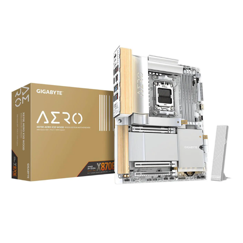 GIGABYTE X870E AERO X3D WOOD AMD AM5 LGA 1718 Motherboard, ATX, Supports AMD Ryzen 9000/8000/7000 Series Processors, DDR5, 16+2+2 Total Power Phase, 4x M.2, PCIe 5.0, USB4 Type-C, WIFI7, Dual 5 GbE LAN, PCIe EZ-Latch Plus