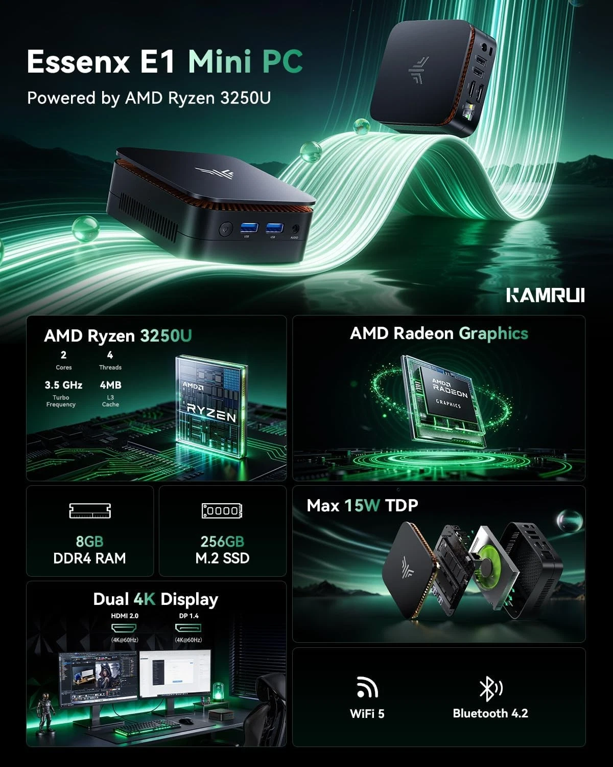 KAMRUI Essenx E1 Mini PC, AMD Ryzen 3250U,8GB DDR4 RAM 256GB M.2 SSD,Win11 Pro 5 KAMRUI Essenx E1 Mini PC - صورة 5