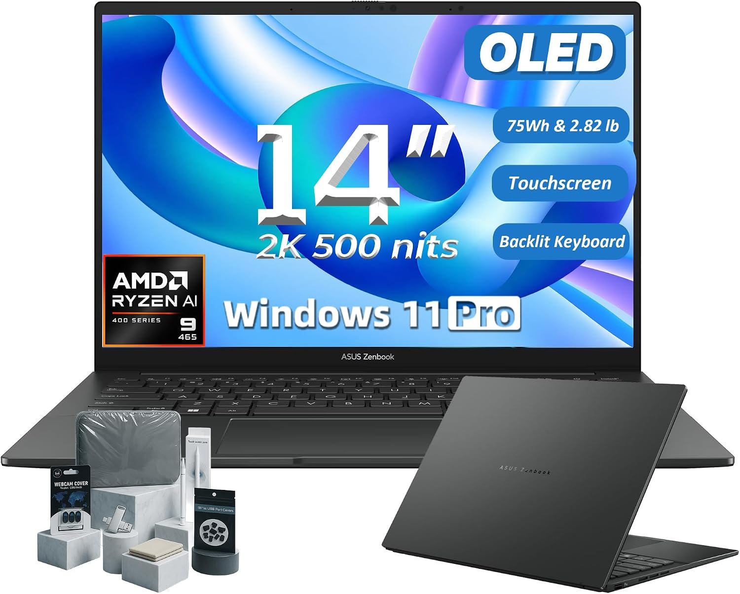ASUS Zenbook 14 OLED 2K Touchscreen Laptop – AMD Ryzen AI 9 465, 16GB
