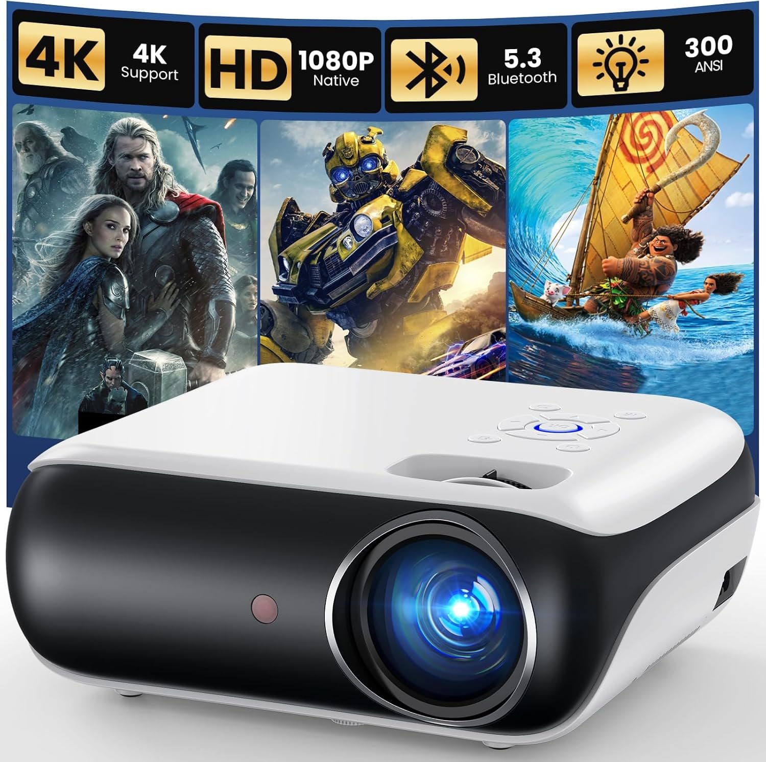 HAPPRUN Portable Smart Mini Projector with WiFi & Bluetooth (4K Decoding)