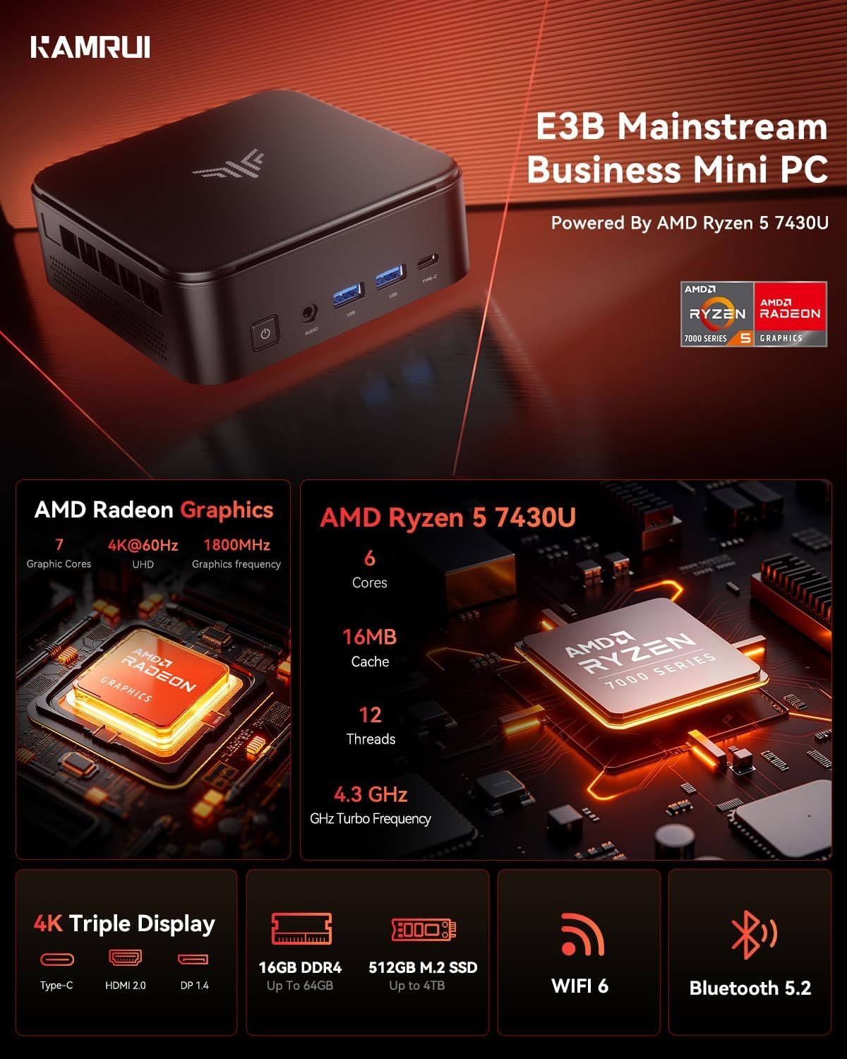 KAMRUI E3B Mini PC AMD Ryzen 5 7430U 16GB RAM 512GB SSD 2 KAMRUI E3B Ryzen 5 7430U ميني PC - صورة 2