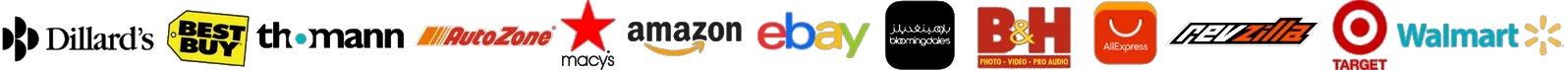 المتاجر العالمية: Amazon, eBay, Walmart, Target, Best Buy, Macy's, AliExpress, B&H, AutoZone, Thomann, Dillard's, Bloomingdale's, Revzilla